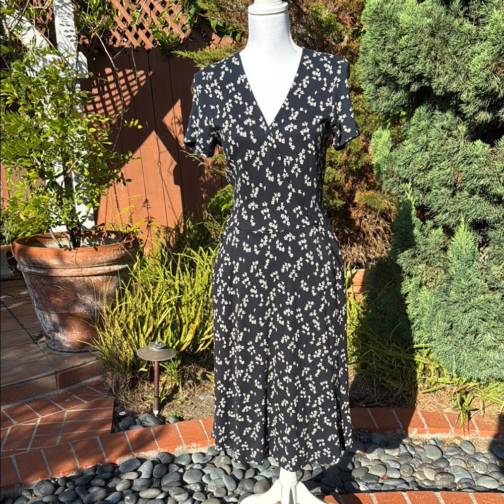 Lands' End Black Midi Dress with Cream Floral Print Beautiful timeless  wrap sm